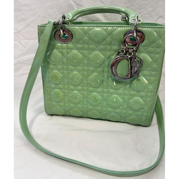 Christian Dior Lady Dior Patent Leather Tote Bag Green Quilted Design With Silve - Picture 1 of 16